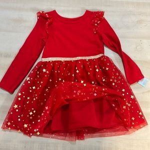 Cat&Jack red and gold casual holiday dress long sleeve tee with lined tutu